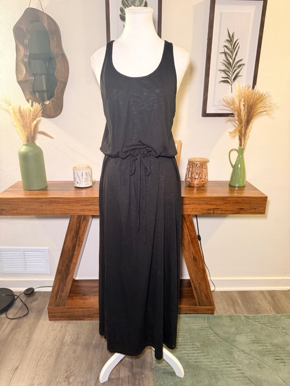 Black Maxi Dress Drawstring Waist Crochet Lace Back Sleeveless Tank US 10